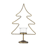 Miki Iron Christmas Tealight Holder in gold, a wire tree-shaped candle holder with a central glass tealight cup on a textured metal base, shown against a plain white background.
