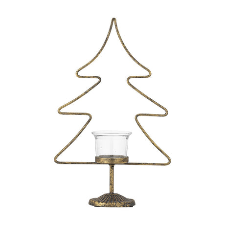 Miki Iron Christmas Tealight Holder in gold, a wire tree-shaped candle holder with a central glass tealight cup on a textured metal base, shown against a plain white background.