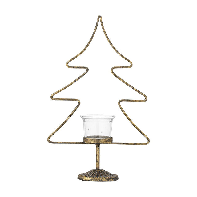 Miki Iron Christmas Tealight Holder in gold, a wire tree-shaped candle holder with a central glass tealight cup on a textured metal base, shown against a plain white background.
