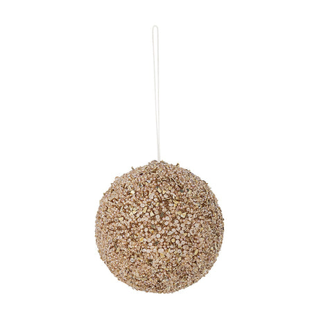 Nicolet Christmas Bauble in champagne, a round 9cm hanging ornament textured with dense beads and glittering flakes, fitted with a white string loop, against a plain white background.