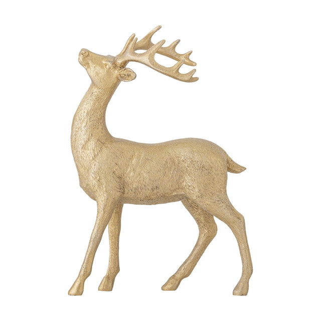 Pranzer Resin Christmas Decoration in gold, a standing deer figurine with branching antlers and head raised, textured fur-like finish, shown on a plain white background.