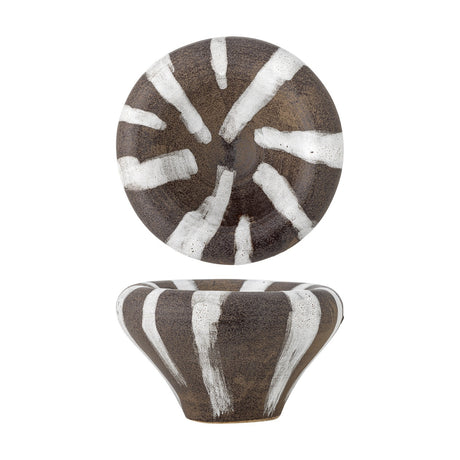 Ladris Stoneware Bowl 23cm in brown, shown from above and side, with white brushstroke stripes radiating over a speckled earthy glaze, on a plain white background.