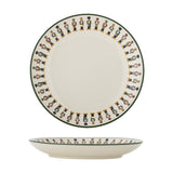 Jolly Stoneware Christmas Plate in cream, shown from above and in profile, featuring a rim of nutcracker figures and a green edge line, on a plain white background.