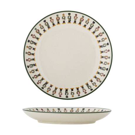 Jolly Stoneware Christmas Plate in cream, shown from above and in profile, featuring a rim of nutcracker figures and a green edge line, on a plain white background.