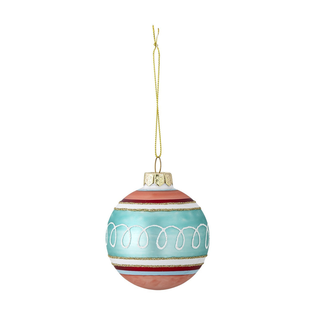 Kota Glass Christmas Bauble in Multi, round glass ornament with pink and teal bands, white looping pattern, and gold stripes, shown with gold hanging cord on a white background.