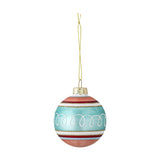 Kota Glass Christmas Bauble in Multi, round glass ornament with pink and teal bands, white looping pattern, and gold stripes, shown with gold hanging cord on a white background.