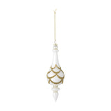 Hisar glass Christmas tree decoration, 18.5cm white finial-shaped drop with gold glitter garland detail, gold hanging cord, on a plain white background.