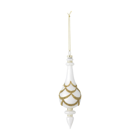 Hisar glass Christmas tree decoration, 18.5cm white finial-shaped drop with gold glitter garland detail, gold hanging cord, on a plain white background.