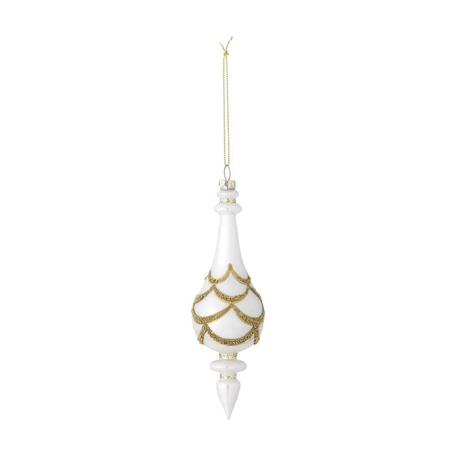 Hisar glass Christmas tree decoration, 18.5cm white finial-shaped drop with gold glitter garland detail, gold hanging cord, on a plain white background.