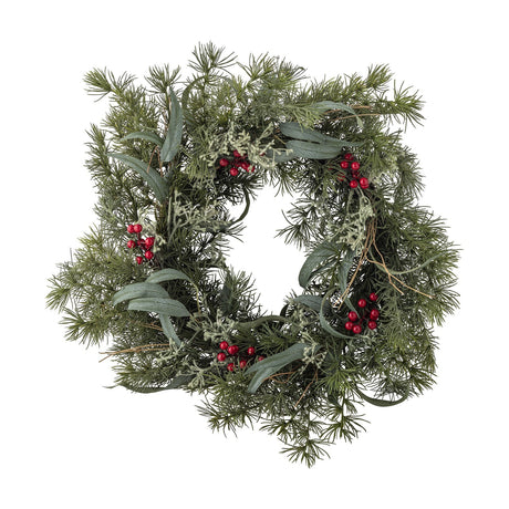 Pine Artificial Christmas Wreath, 60cm, a round faux pine wreath with dense green needles, slender leaves, feathery sprigs and red berry clusters, shown on a white background.