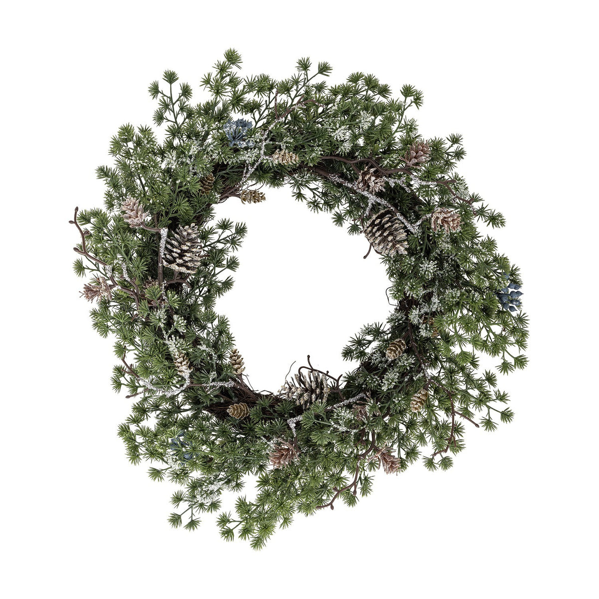 Artificial cedar Christmas wreath, 50x11cm, with frosted green sprigs, pinecones and berry clusters on a twig base, shown on a plain white background.