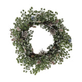 Artificial cedar Christmas wreath, 50x11cm, with frosted green sprigs, pinecones and berry clusters on a twig base, shown on a plain white background.