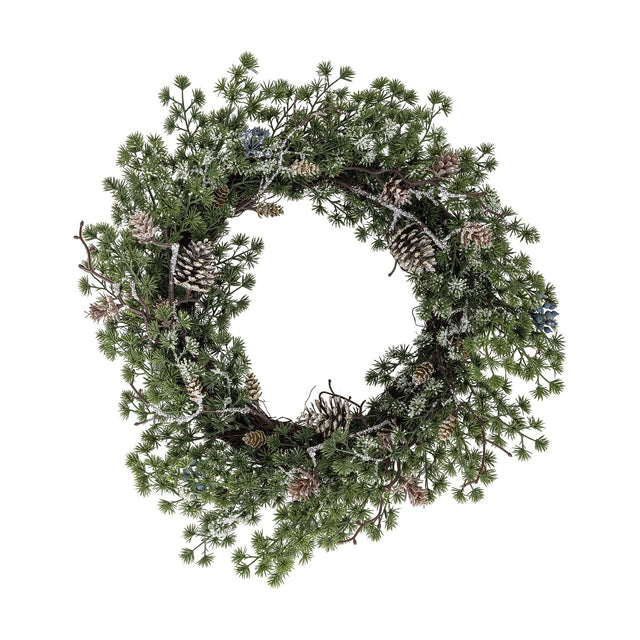 Artificial cedar Christmas wreath, 50x11cm, with frosted green sprigs, pinecones and berry clusters on a twig base, shown on a plain white background.