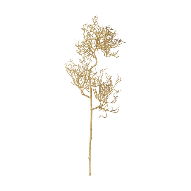 Coral Artificial Christmas Stem in gold, a slim branching faux plant with fine twiggy coral-like sprays clustered along the upper half, shown against a plain white background.