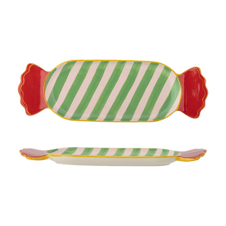 Caramella Striped Wrapped Sweet Christmas Platter in ceramic, shaped like a wrapped candy with red frilled ends and green-and-white diagonal stripes, shown top and side view on a white background.