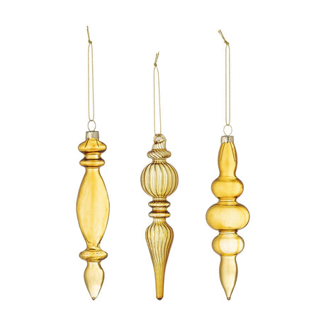 Set of 3 Auralia gold glass Christmas tree decorations: a smooth spindle, a fluted ball with ribbed point, and a stacked swell drop, each with gold hanging cords.