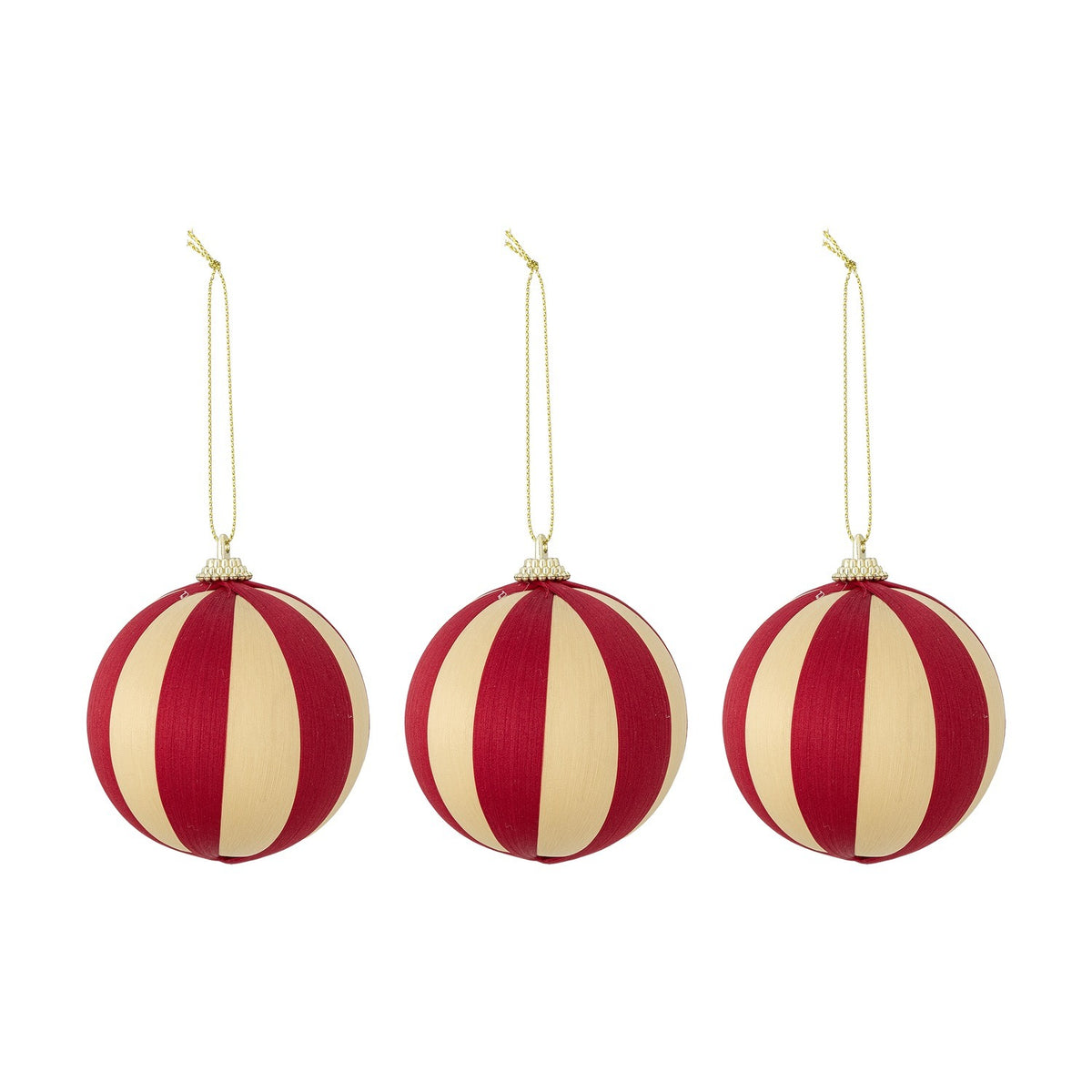 Set of three Wynn Christmas baubles, 8cm round ornaments wrapped in fine thread with red and cream striped pattern, beaded caps, and gold hanging cords on a white background.
