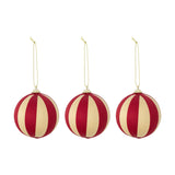 Set of three Wynn Christmas baubles, 8cm round ornaments wrapped in fine thread with red and cream striped pattern, beaded caps, and gold hanging cords on a white background.