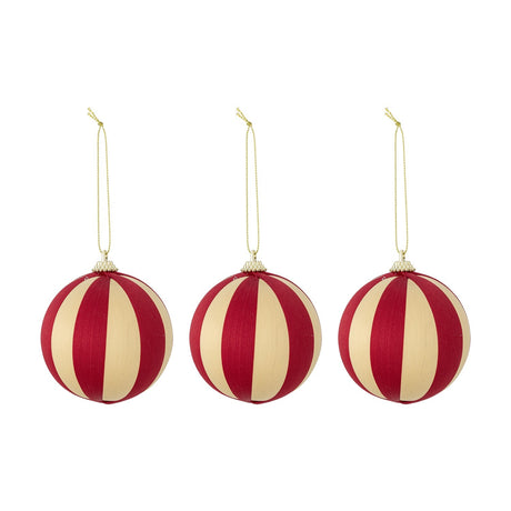 Set of three Wynn Christmas baubles, 8cm round ornaments wrapped in fine thread with red and cream striped pattern, beaded caps, and gold hanging cords on a white background.