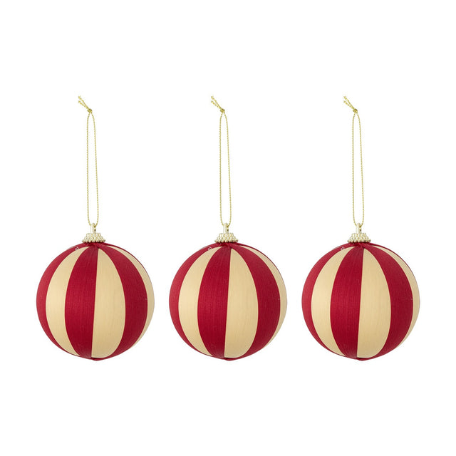 Set of three Wynn Christmas baubles, 8cm round ornaments wrapped in fine thread with red and cream striped pattern, beaded caps, and gold hanging cords on a white background.