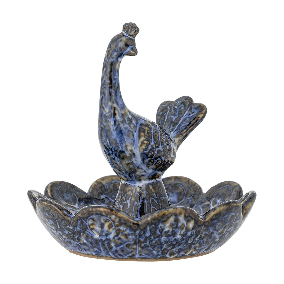 Kali Flower Stoneware Bowl 9.5cm in blue, a scalloped ceramic dish with a crested bird figure rising from its centre on a short pedestal, shown against a plain white background.