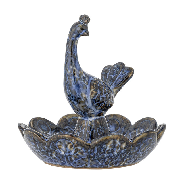 Kali Flower Stoneware Bowl 9.5cm in blue, a scalloped ceramic dish with a crested bird figure rising from its centre on a short pedestal, shown against a plain white background.