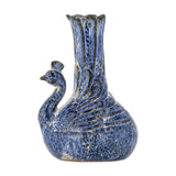 Kali Speckled Stoneware Vase 16cm in Blue, shaped as a crested bird with a rounded body, carved feather details, and a tall scalloped neck, on a plain white background.