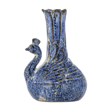 Kali Speckled Stoneware Vase 16cm in Blue, shaped as a crested bird with a rounded body, carved feather details, and a tall scalloped neck, on a plain white background.
