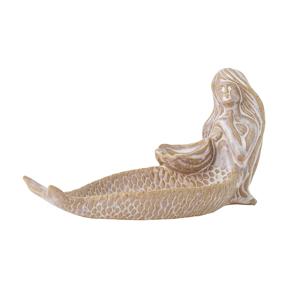 Abitha Shell Stoneware Bowl in beige, a mermaid-shaped dish with a scaled tail forming a shallow bowl and hands cupping a scallop shell, shown on a plain white background.