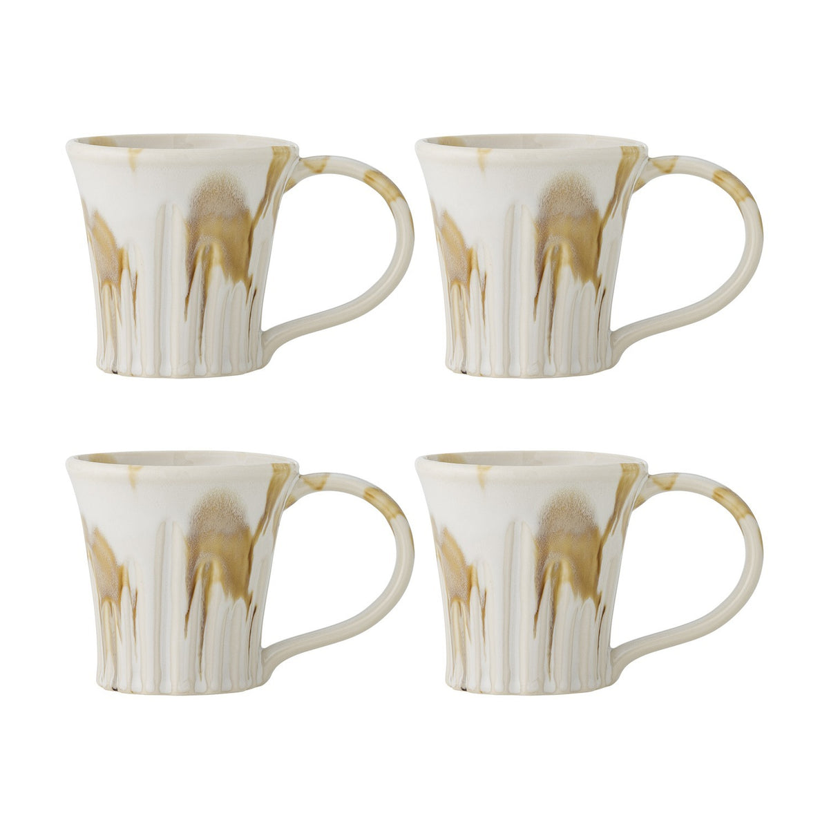 Set of four stoneware mugs with flared ribbed bodies, rounded loop handles, and a multicoloured amber drip glaze over a white base, shown on a plain white background.