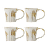 Set of four stoneware mugs with flared ribbed bodies, rounded loop handles, and a multicoloured amber drip glaze over a white base, shown on a plain white background.