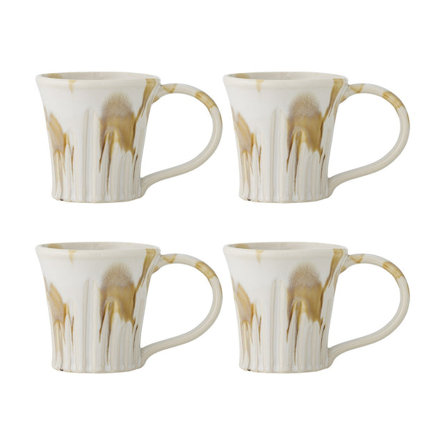Set of four stoneware mugs with flared ribbed bodies, rounded loop handles, and a multicoloured amber drip glaze over a white base, shown on a plain white background.