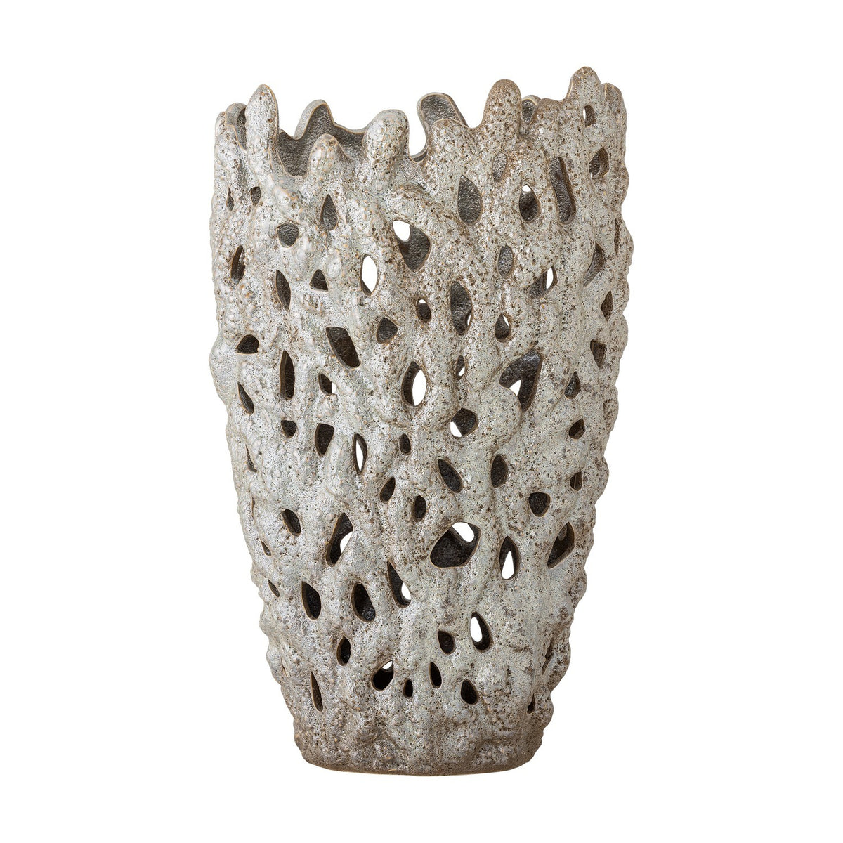 Eunice Stoneware Vase 37cm in white, tapered ceramic form with deeply textured, coral-like pierced walls and an uneven scalloped rim, shown on a plain white background.