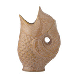 Harvey Fish Stoneware Vase in brown, 23.5cm, upright fish shape with open mouth neck, scaled body, curled tail loop, speckled ceramic finish, on a plain white background.