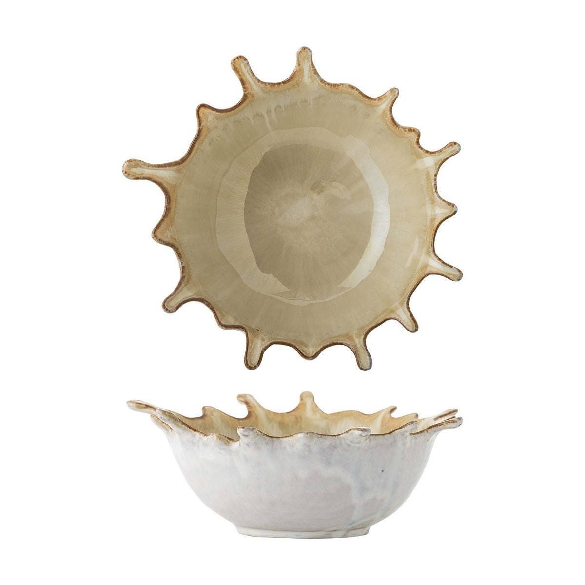 Alcott Stoneware Bowl 24x21cm in beige, shown from top and side, with a splash-effect rim of rounded points and a white interior, on a plain background.