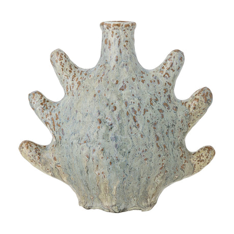 Bridget Shell Stoneware Candle Holder in grey, a fan-shaped ceramic piece with a narrow neck for a taper candle and six curved arms, mottled speckled finish, shown on a white background.