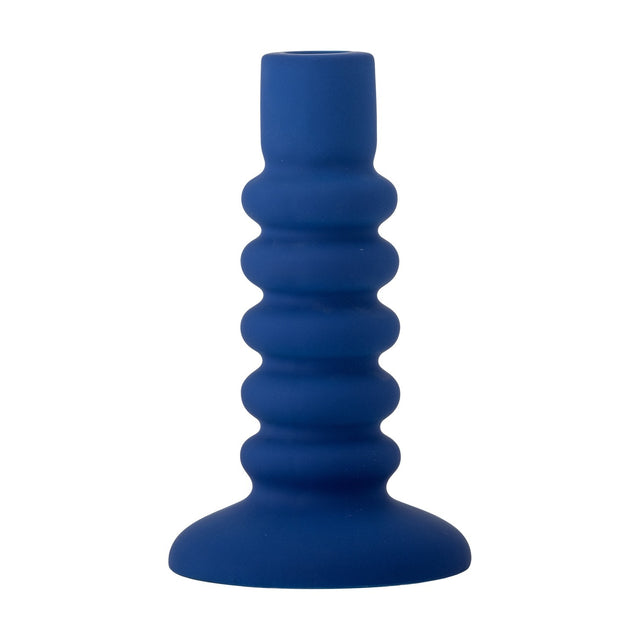 Thorne Stoneware Candle Holder in matte blue, 18.5cm tall with ridged, ribbed body and flared foot, holding a single taper candle, shown on a plain white background.