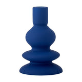 Thorne Stoneware Candle Holder 16cm in matt blue, featuring a stacked curved design with slim socket, round bulb, ring, and wide foot, on a white background.