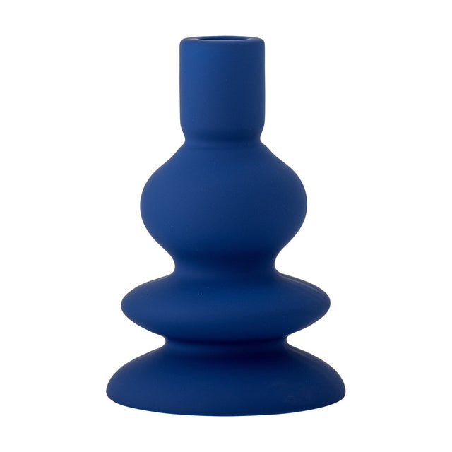 Thorne Stoneware Candle Holder 16cm in matt blue, featuring a stacked curved design with slim socket, round bulb, ring, and wide foot, on a white background.