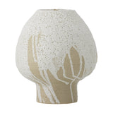 Morag Mushroom Stoneware Vase 19cm in White, a rounded, mushroom-shaped vase with a speckled white glaze breaking into tan streaks near the base, shown on a plain white background.