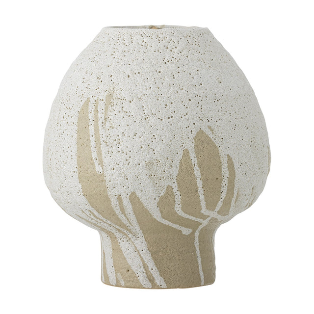 Morag Mushroom Stoneware Vase 19cm in White, a rounded, mushroom-shaped vase with a speckled white glaze breaking into tan streaks near the base, shown on a plain white background.