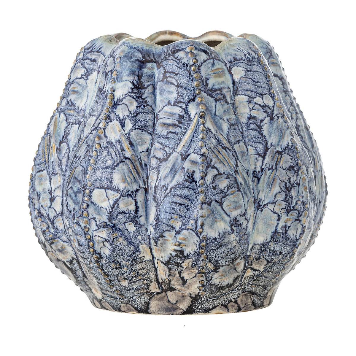 Hetty Stoneware Vase 19.5cm in blue, with a rounded ribbed body, beaded edges, and a scalloped rim, textured ceramic finish, shown on a plain white background.
