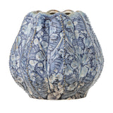 Hetty Stoneware Vase 19.5cm in blue, with a rounded ribbed body, beaded edges, and a scalloped rim, textured ceramic finish, shown on a plain white background.