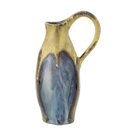 Jenkins Stoneware Vase 20cm in a slender jug shape with a tall looped handle, finished in a multicoloured glaze dripping from a cream neck over a blue-grey body, set against a plain white background.