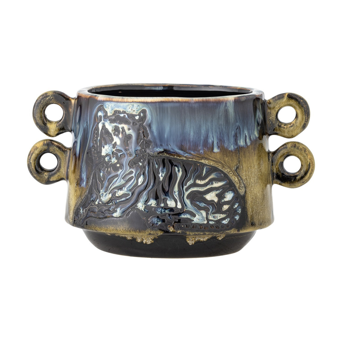 Walton Embossed Stoneware Plant Pot with a raised reclining tiger motif, multicoloured drip glaze, and ring-shaped loop handles on each side, shown on a plain white background.