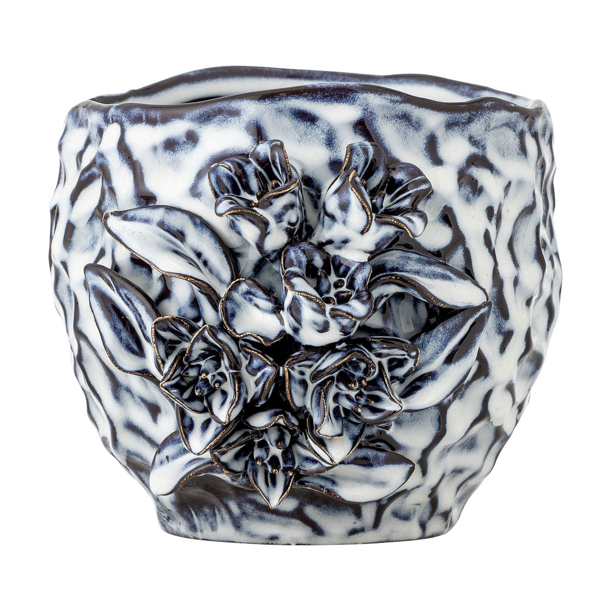 Malina Floral Stoneware Plant Pot in blue with a rippled, crinkled texture and a raised floral and leaf cluster in relief on one side, shown on a plain white background.