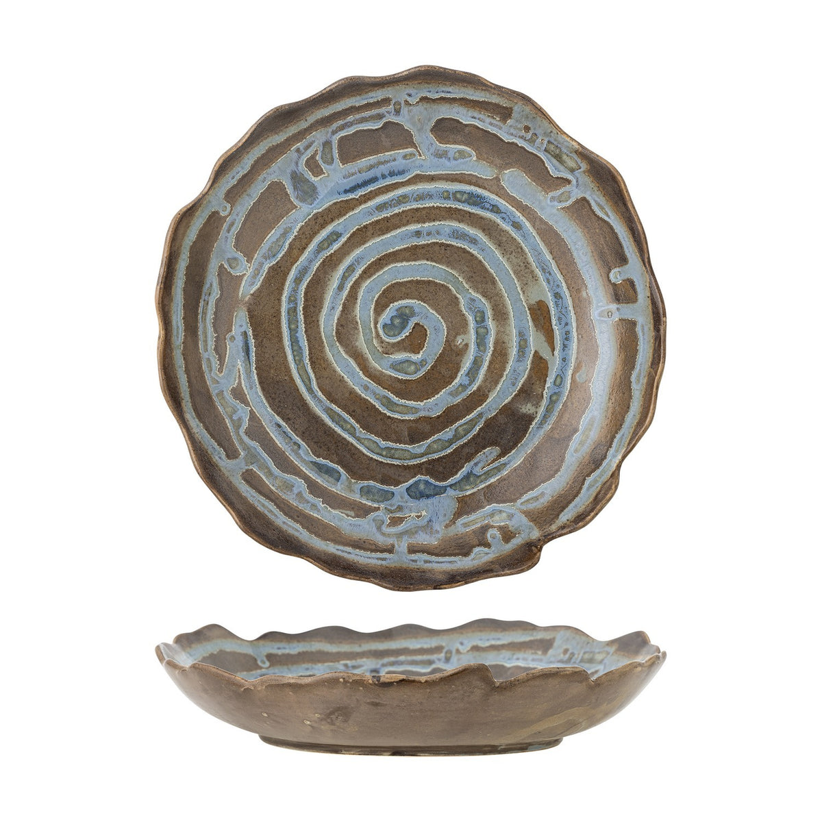 Marjorie Round Stoneware Tray in brown, a shallow scalloped-rim dish with a spiral glaze pattern, shown from top and side views on a white background.