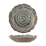 Marjorie Round Stoneware Tray in brown, a shallow scalloped-rim dish with a spiral glaze pattern, shown from top and side views on a white background.