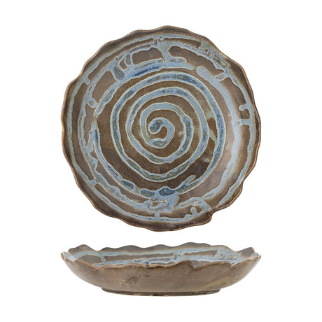Marjorie Round Stoneware Tray in brown, a shallow scalloped-rim dish with a spiral glaze pattern, shown from top and side views on a white background.