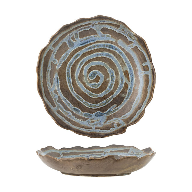 Marjorie Round Stoneware Tray in brown, a shallow scalloped-rim dish with a spiral glaze pattern, shown from top and side views on a white background.